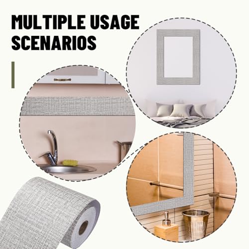 15M Gray Linen Border Wall Decor Peel & Stick Removable PVC Waterproof Bathroom Mirror Frame Border Kitchen Sticker Trim 49 ft x 4"