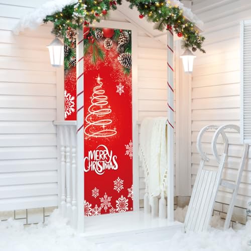Merry Christmas Red Door Curtain, Holiday Privacy Backdrop Decoration