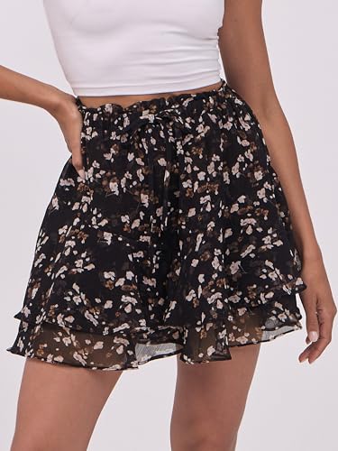 Caracilia Women's Flowy Floral Skorts for Summer, Black Beige, Size M