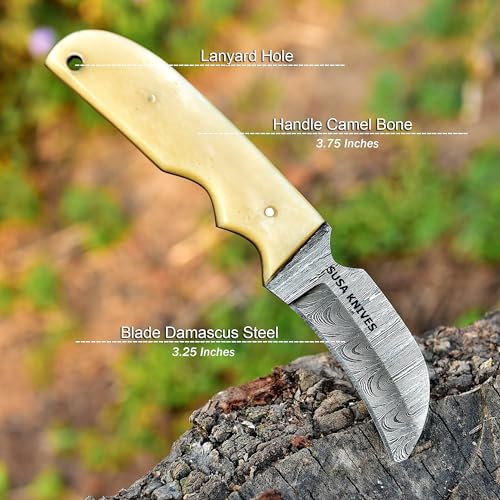 SUSA KNIVES 1095 Steel Hawkbill Fixed Blade Knife STEEL BONE with Leather Pancake Sheath