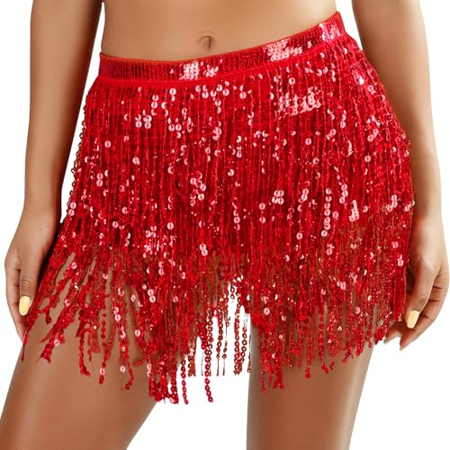 Sequin Hip Skirt with Fringe Tassels - Medium B-Red