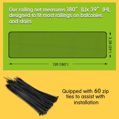 Cupount Banister Guard for Baby - 15ft x 3.3ft Black Safety Mesh Netting for Pets and Kids - Stair Railing Cover for Home