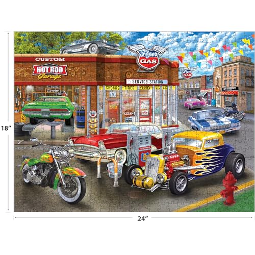 RoseArt American Nostalgia Hot Rod Garage 550 Piece Jigsaw Puzzle - Retro Car Scene