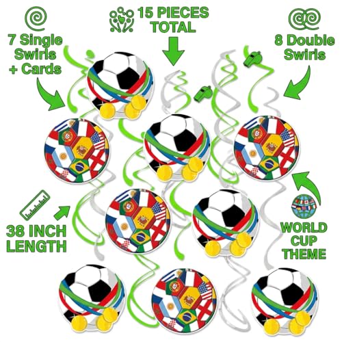 Soccer Party Hanging Swirl Decorations - 15 Piece Football Theme Set