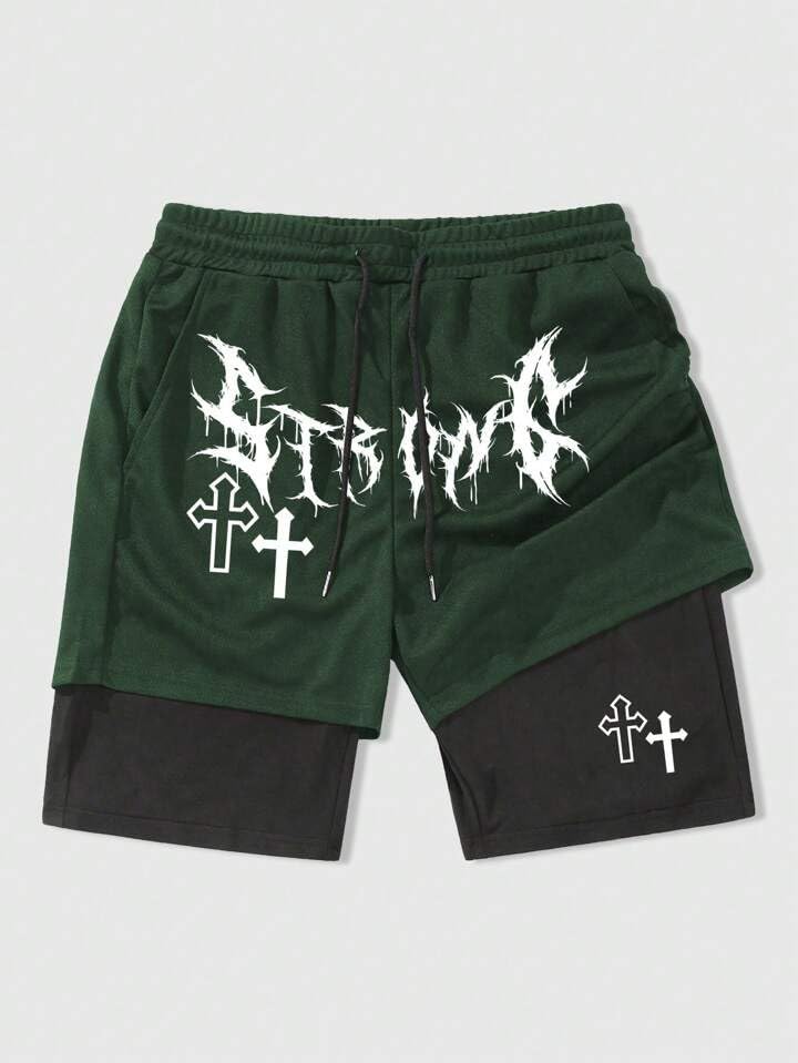 QJQ Men's Green 2-in-1 Goth Graphic Shorts - Medium, Elastic Waist, Summer Casual Workout