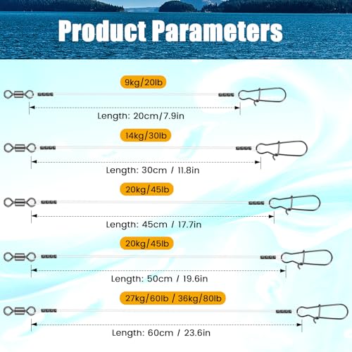 Fluorocarbon Fishing Leaders with Swivel & Snap - 10 Pcs, 8in-20lb