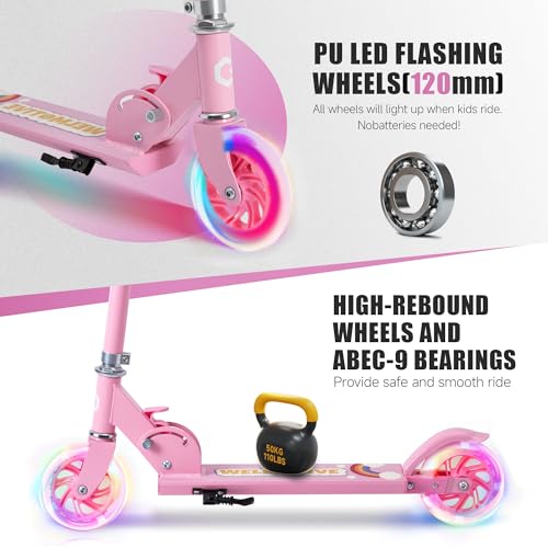 Pink Kids Kick Scooter with LED Light-up Wheels, Adjustable Handlebar, Foldable Aluminum Frame