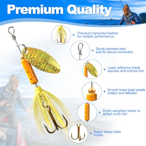 Maufriu 16Pcs Inline Spinner Lures Kit for Trout Bass with Treble Hooks