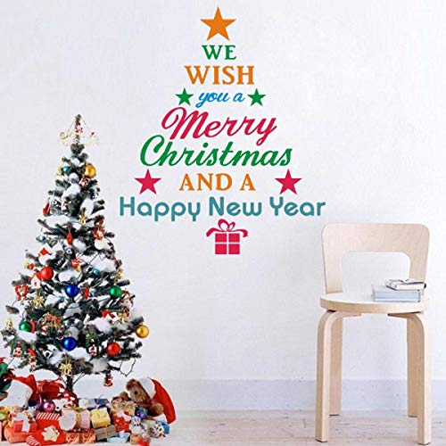 Christmas Tree Letters Wall Decal Wall Art Sticker, Peel and Stick Removable Christmas and New Year Wishes Tree Words Letters Wall Print Stickers Pictures for Door and Window Refrigerator Living room.