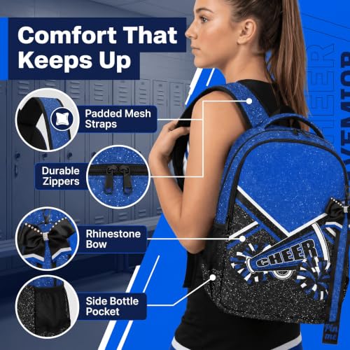 QEUILO Blue Glitter Cheer Backpack with Bow Keychain for Women