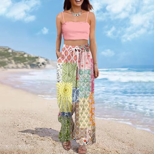 Boho Palazzo Pants for Women - High Waist Floral Lounge Trousers - Small Q Mint Green