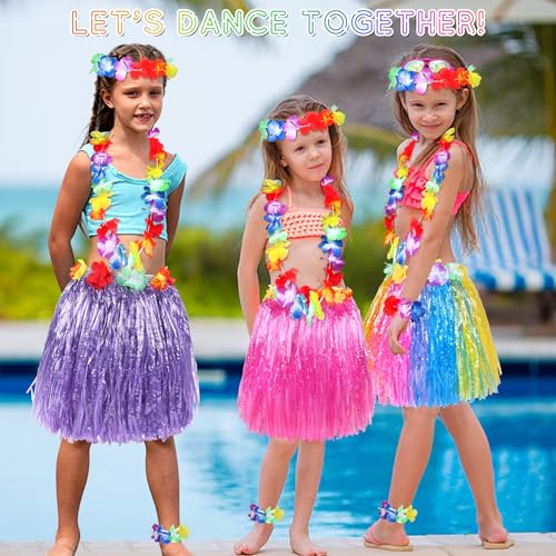 Fortuning's JDS Girl Elastic Hawaiian Hula Skirt Set with Flower - Blue/Yellow/Pink