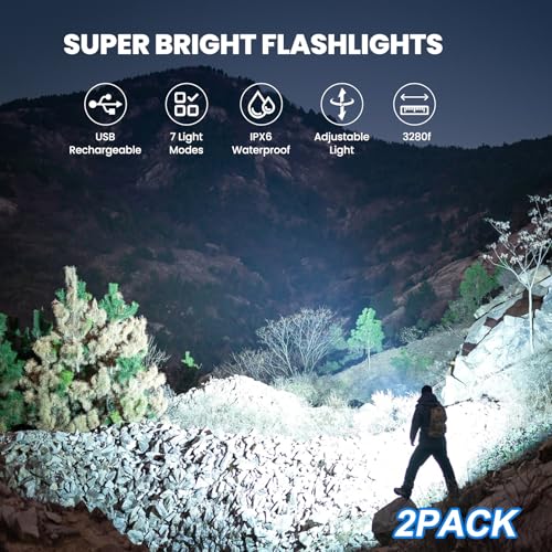 Flashlight Rechargeable LED High Lumens 2, 99,000lm Pack Bright Flash Lights with 7 Modes, Powerful Waterproof Handheld Linterna for Home, Camping, Outdoor