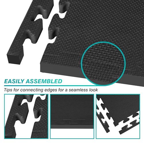 Mat Block Interlocking Foam Puzzle Tiles 24 sq ft, 0.75 Inch Thick, Black Gym Flooring
