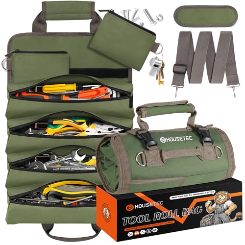 Roll Up Tool Bag-Gifts For Men Dad Husbands Him, Father's Day Birthday Gifts For Men, Heavy Duty Tool Organizer Bag With 2 Detachable Pouches Mechanic Carpenter (Green)