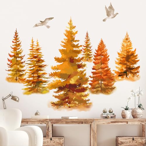 4 Sheet Fall Wall Stickers Watercolor Autumn Forest and Flying Birds Wall Stickers Adhesive Mural Wall Decor for Holiday Home Classroom Thanksgiving Supplies