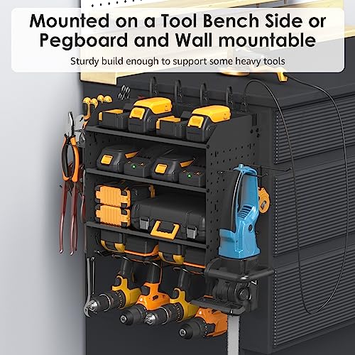 CCCEI Modular Pegboard Rack Power Tool Organizer with Charging Station. 4 Layer Wall Mount Drill Holder, Mechanic Tool Battery Charger Organizer. Garage Shop Storage Utility Shelf with Power Strip.