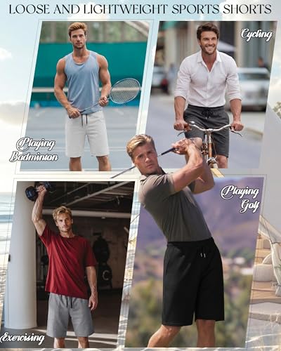 Men's Athletic Shorts 9 Inch Inseam, 4 Pack, Black & Gray, Large