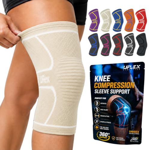 UFlex Athletics Knee Brace Sleeve Medium Beige for Men & Women - Support & Compression