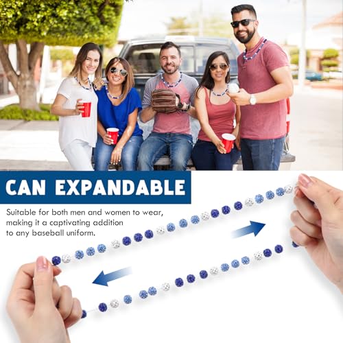 Baseball Beaded Necklace - 6 Pcs Bling Rhinestone Clay - Blue & White 20 Inch