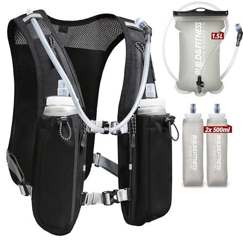 Build & Fitness Black Hydration Vest with 1.5L Bladder & 2 Soft Flasks for Running & Hiking