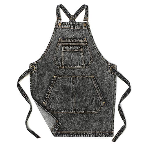 Jeanerlor - Denim Apron with Pockets for Hair Stylist Gardening Craftsmen Barista Women Hairdresser Jean Work Apron Cross Straps & Adjustable S to L (Black)