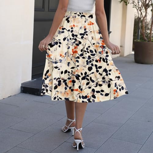 Womens Boho Floral Print Midi Skirt - Pleated A-Line - Beige Small
