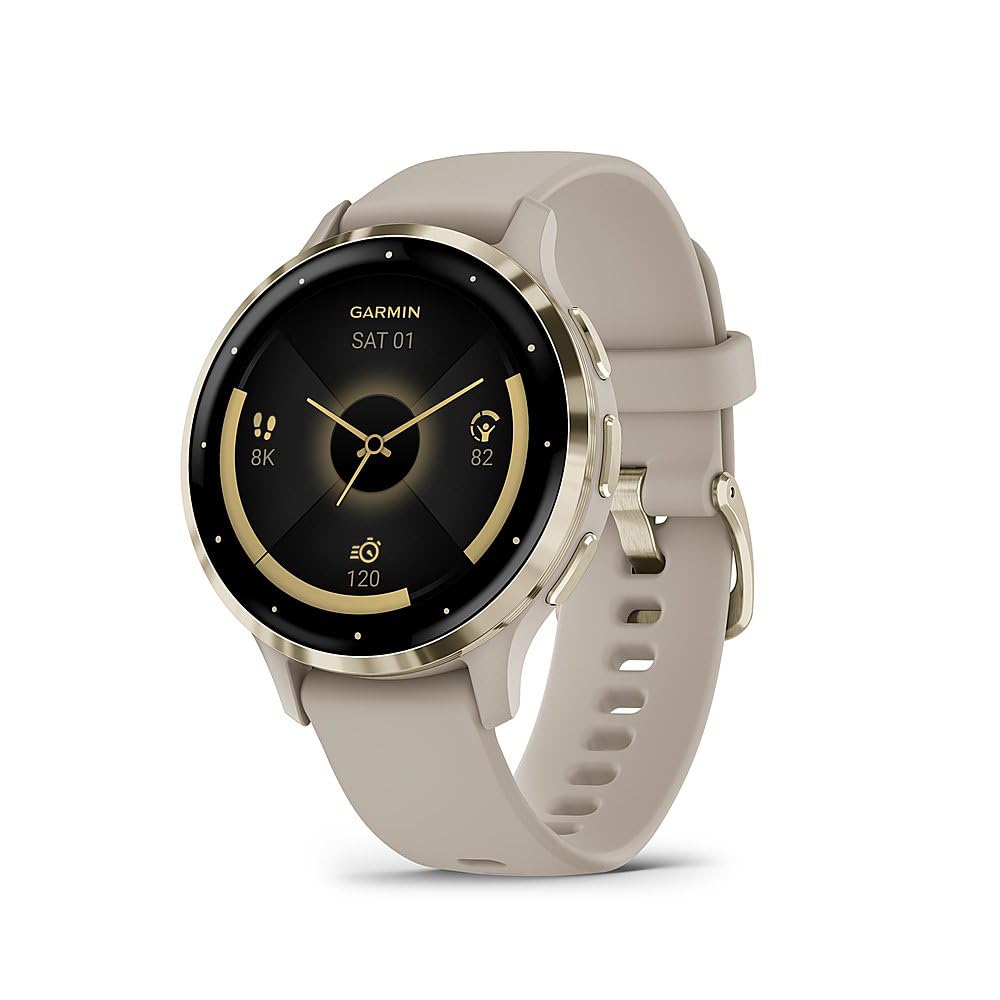 Garmin Venu 3S, Running GPS Smartwatch, AMOLED Display, Advanced Health & Fitness, Up to 10 Days Battery, Soft Gold with French Gray Silicone Band - Bundle w/Deco Essentials 26-Month CPS Plan