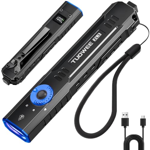 TUOWEE Black Large Rechargeable 1000 Lumens Tactical EDC Flashlight with UV, Digital Display