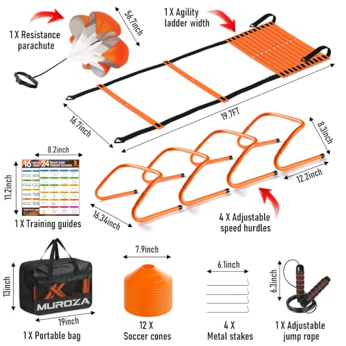 20ft Agility Ladder Training Set with Hurdles, Cones & Parachute