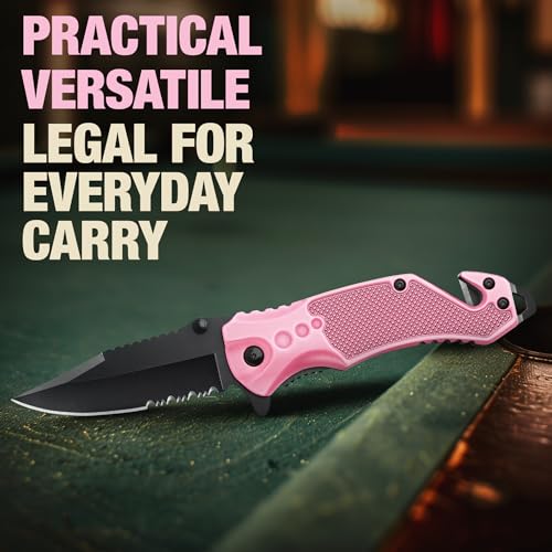 Pink GOOD WORKER 2.95” Serrated Pocket Knife - Tactical Folding Knife with Glass Breaker & Seat Belt Cutter - Women's Survival EDC Tool