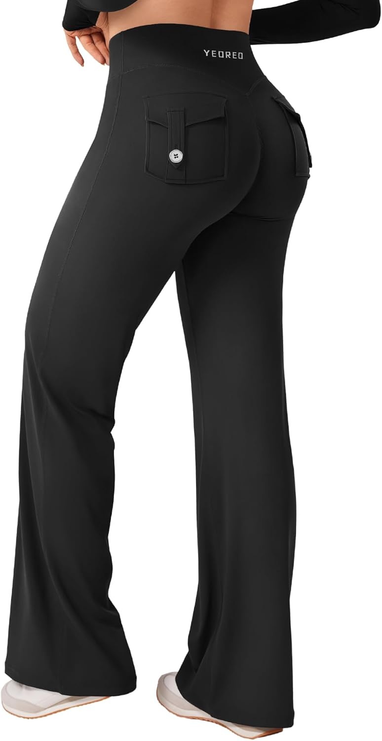 YEOREO High Waist Cargo Leggings - Straight Leg Workout Pants with Pockets for Women
