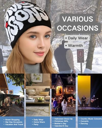 Y2K Letter Graphic Beanie - Soft Warm Knitted Winter Hat - White/Black