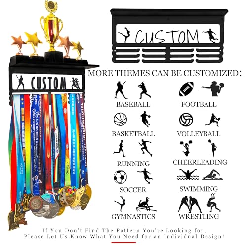 Personalized Medal Holder with Trophy Shelf - Custom Name Display Rack for 60 Medals