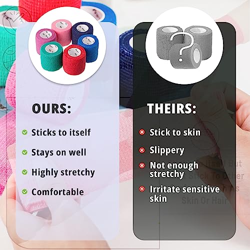 Self-Adhesive Bandage Wrap - 2-Inch x 5-Yard Cohesive Tape, 6 Pack Assorted