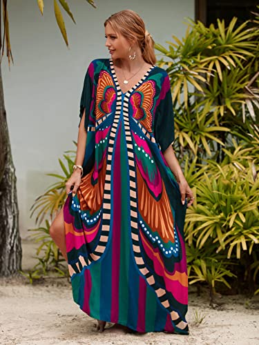 Sunforyou Women's Butterfly One Size V-Neck Batwing Sleeve Kaftan Dress Beach Cover Up