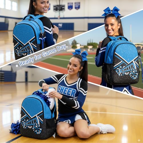 Glitter Cheerleading Backpack with Detachable Ribbon Keychain - Blue