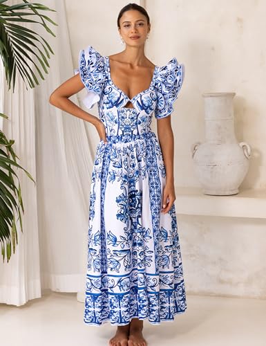 FLAXMAKER Blue & White Porcelain Pattern One-Piece Swimsuit with Skirt - Elegant Beachwear