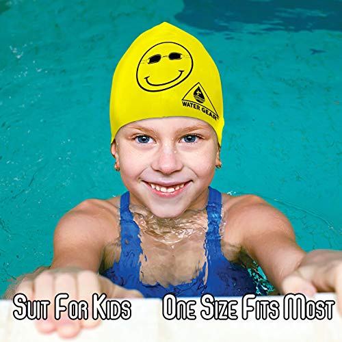 Latex Swim Cap for Long Hair - Waterproof Swimming Cap - Happy Face Black/Yellow