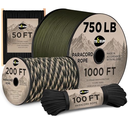 Heavy Duty 750 lb Paracord Rope - 4mm Utility Camping Cord - Black - 50 ft
