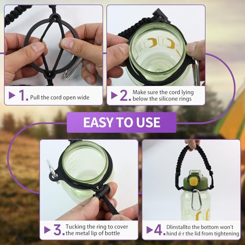 Paracord Water Bottle Handle Strap with Carabiner - 2 Pack Black