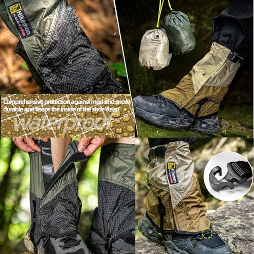 Adjustable Waterproof Ankle Gaiters for Hiking - Khaki, Medium