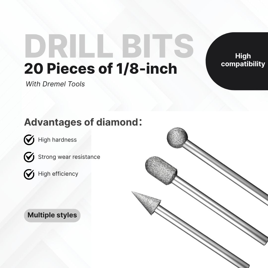 120-Grit Diamond Grinder Bit Compatible with Dremel Tools, Including 20 Pieces of 1/8-inch Drill bits for Carving and polishing on Stone, Glass, Ceramics, Resin, and Metal (Silver)