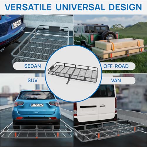 Folding Hitch Mount Cargo Carrier Basket 70"x30"x6" w/Straps+Stabilizer - 500lbs Steel Rack for SUV Truck Van