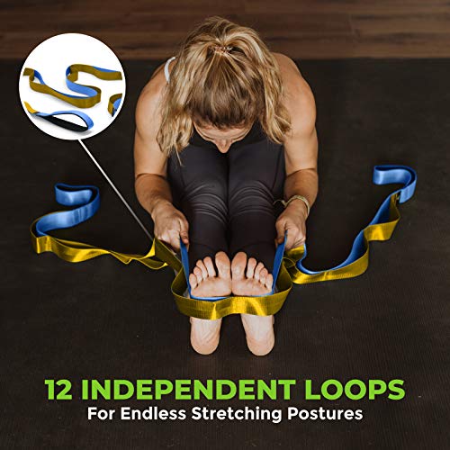 Stretching Strap for Physical Therapy - 12 Loop, 8' Long, Blue/Gold