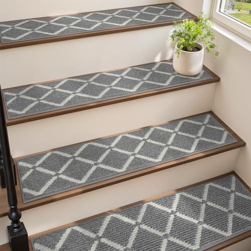 PADOOR Stair Treads for Wooden Steps, 15PC Peel and Stick Stair Treads Non Slip Indoor, Durable Stair Runners Residue Free, Washable Carpet Stair Treads for Kids and Dogs 8"x30" Grey