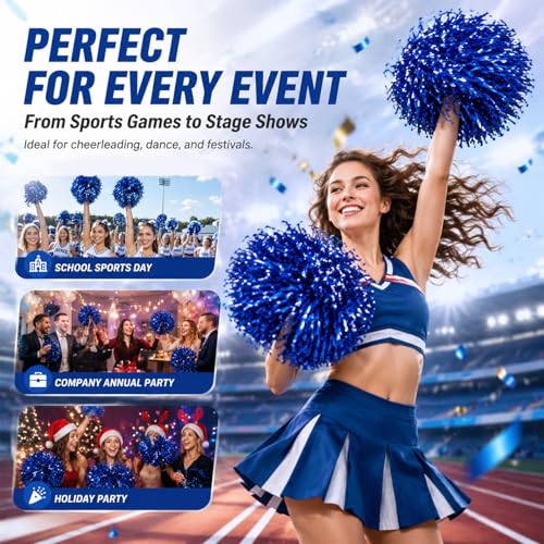 Cheerleading Pom Poms - 12 Pack Metallic Blue Pompoms with Handle