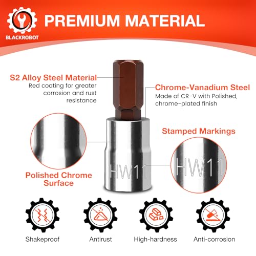 BLACKROBOT 11 mm Hex Bit Socket, 3/8 Inch Drive HW11 Allen Key Socket, Metric, Full Polished, S2 Steel Head Made For Repairing