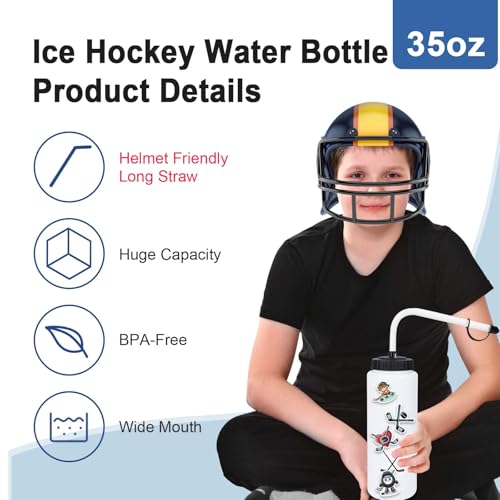 RhythmFit Hockey Water Bottle with Long Straw - 1# 35oz Sports Hydration Bottle + 100 Stickers