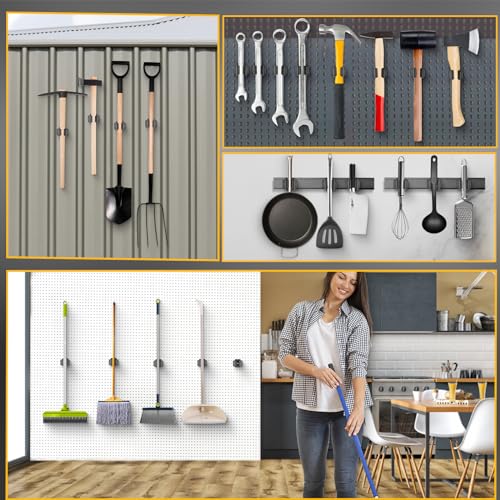 Upgraded Magnetic Broom and Mop Holder Wall Mount, Space-Saving Heavy Duty No Drill Over the Door Broom Gripper RV Camper Wall Organizer,Black,4 Pcs